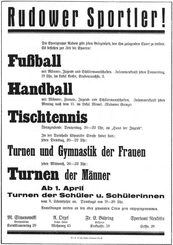 Historische Anzeige Rudower Sportler mit dem damaligen Sportangebot